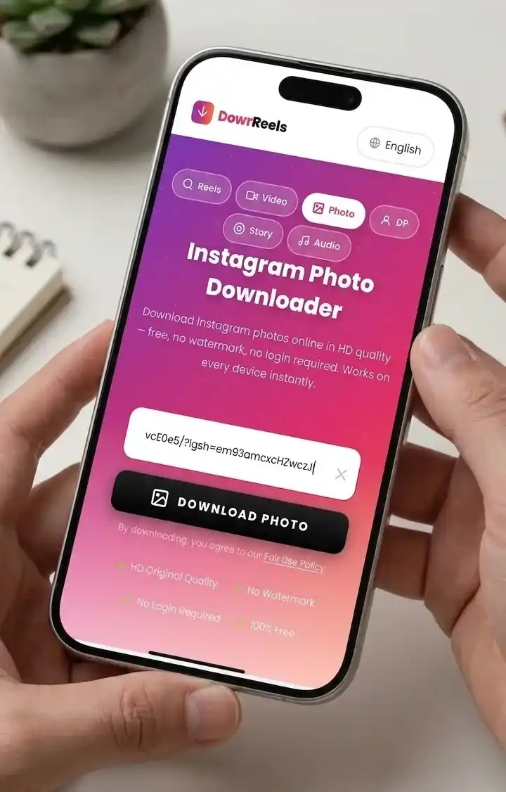 Step 2 — Hands holding iPhone showing Download Any photo downloader with Instagram link pasted