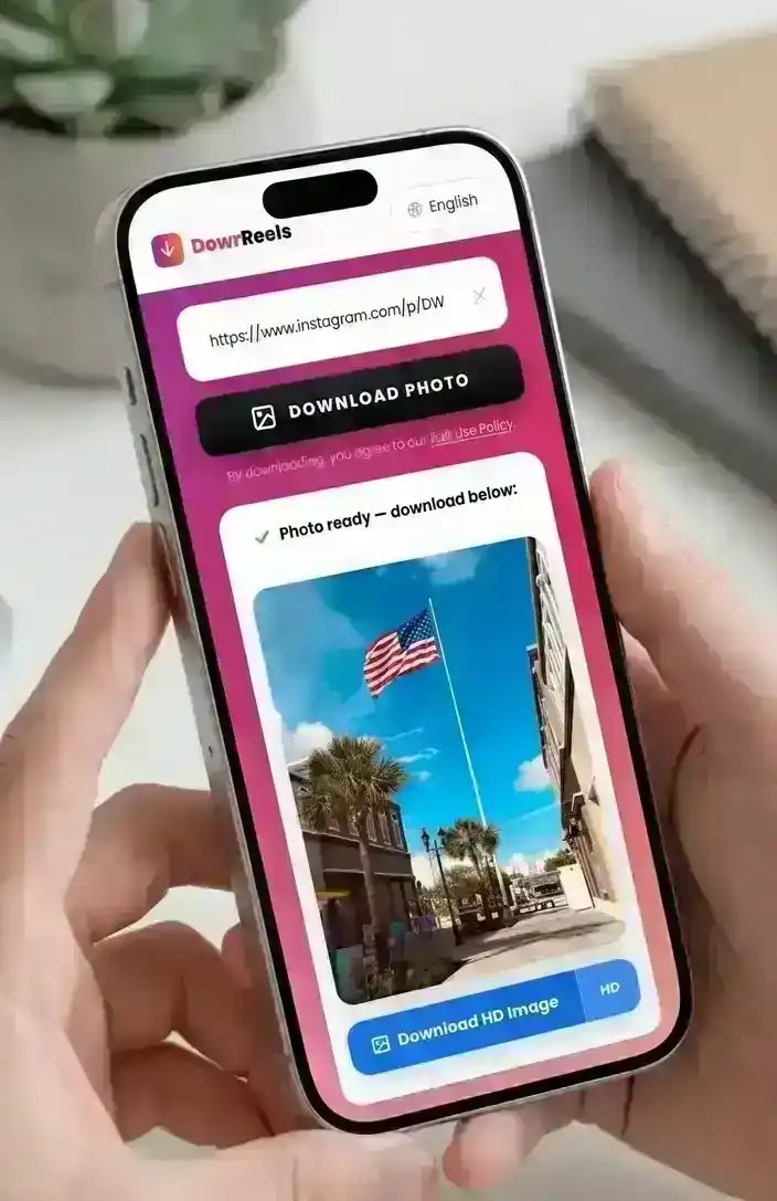 Step 3 — Hands holding iPhone showing Download Any result with Download HD Image button