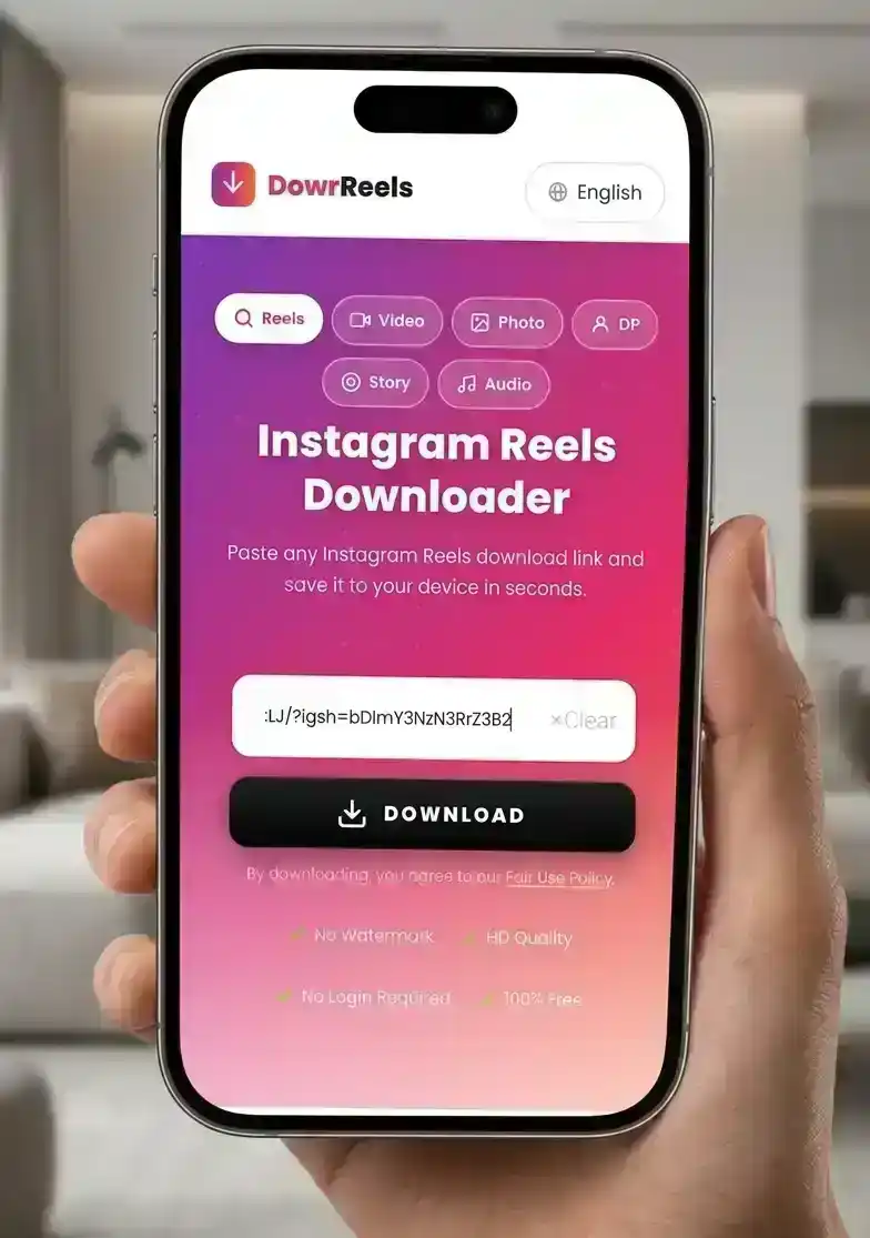 Step 2 — Phone screen showing Instagram Reel URL pasted into Download Any downloader