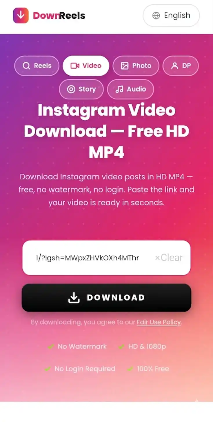 Step 2 — Phone screen showing Instagram video link pasted into Download Any input box
